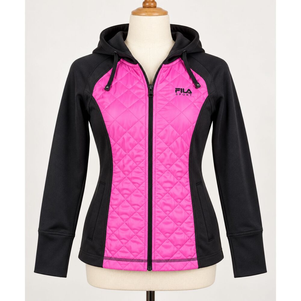 FILA Sport Womens Small Hooded Jacket Black Pink Quilted Full Zip Athletic